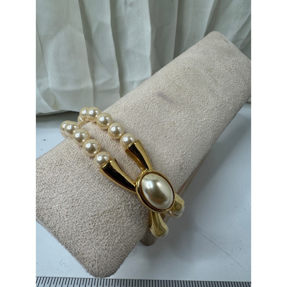 Vintage Gold Tone Double Strand Faux Pearl Bracelet Statement Cabochon 7.5 Inch